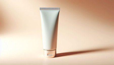 White cosmetic bottle on a beige background. Beauty treatment concept.