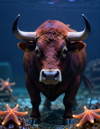Portrait of a red cow with starfishes in the aquarium