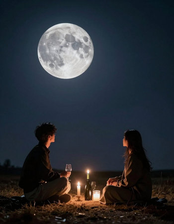 Young couple sitting on the grass in front of a full moon at night