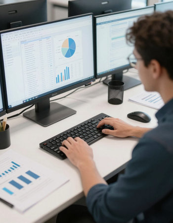 rear view of young businessman typing on computer keyboard while working in office