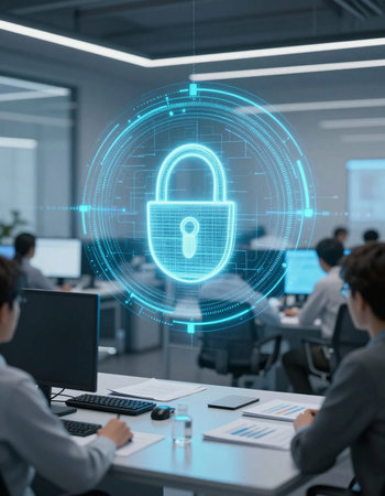businessman and businesswoman working with computer in modern office with padlock icon hologram