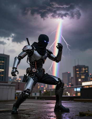 Robot in the rain with rainbow in the background. 3d rendering.の写真素材