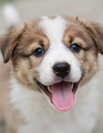 Portrait of a cute red and white puppy with tongue sticking out