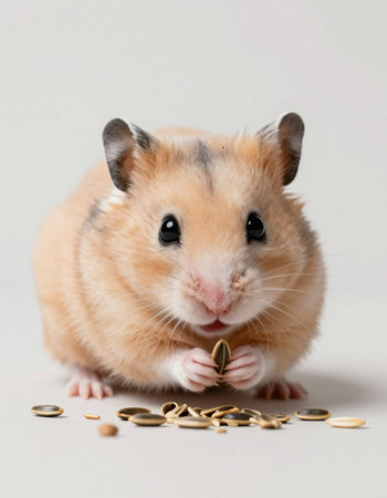 Hamster with coins on a white background. Hamster on a white background