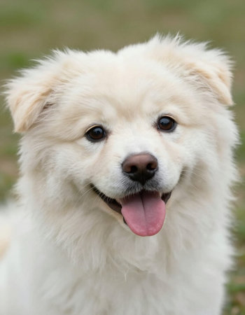 Portrait of a cute white dog with tongue out in the park