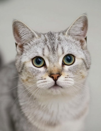 Close-up portrait of a gray cat with green eyes on a gray background