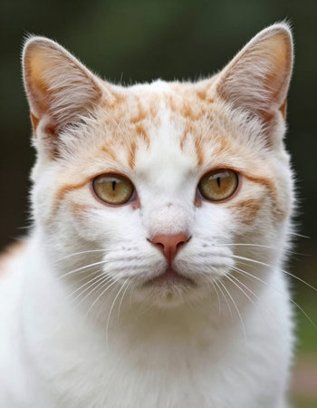 Portrait of a white and red cat with yellow eyes close upの写真素材