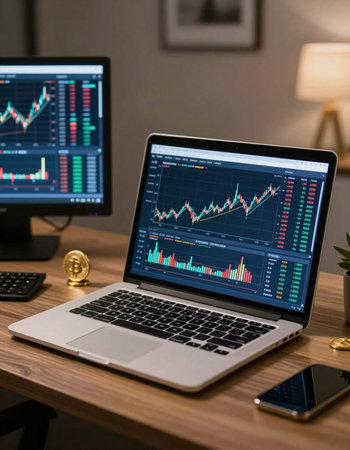 Laptop with stock market data on the screen, stock exchange conceptの写真素材