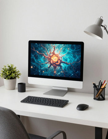 Modern desktop with computer and abstract brain on screen. 3d rendering.