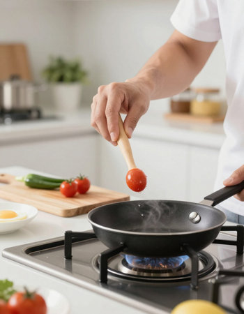 Close-up of a man cooking vegetable soup in the kitchen at homeの写真素材