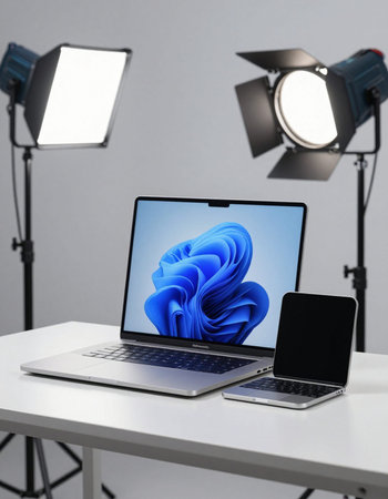 Laptop and smartphone on table in photo studio. 3d renderingの写真素材