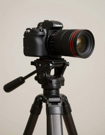 Modern digital camera on a tripod on a gray background close-up