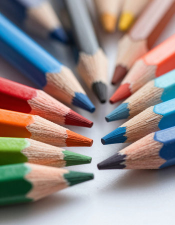 Colored pencils on a white background, close-up.