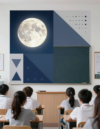 Teacher and students in classroom with full moon on chalkboard background