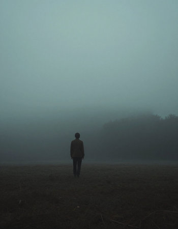 Silhouette of a man standing in a foggy meadow
