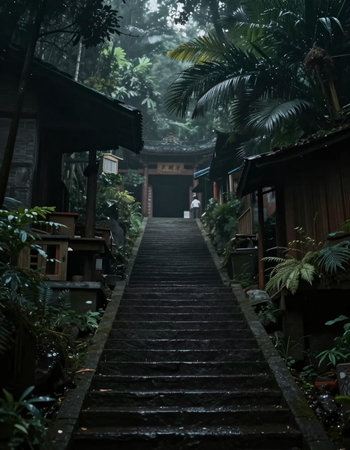 The stairs to the temple in the rainy season