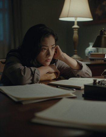 Asian woman reading a book while sitting at her desk in the room