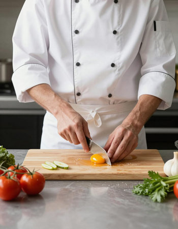 Chef cutting egg on wooden board in kitchen. Closeup of male hands preparing food.の写真素材