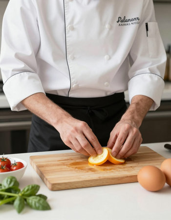 Chef cutting fresh orange on wooden board in the kitchen, closeupの写真素材