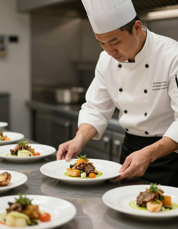 Chef decorating a dish in the kitchen of a restaurant or hotel