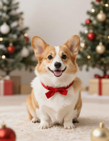 cute welsh corgi dog with bow tie at christmas