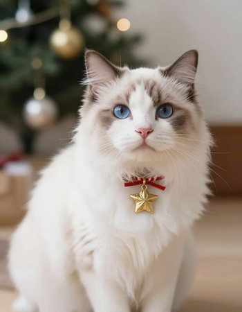 White cat with blue eyes and a red bow in the form of a Christmas treeの写真素材