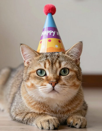 Cute cat with birthday hat on the floor in the room.