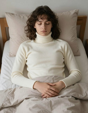 Young woman suffering from stomach ache lying in bed at home.