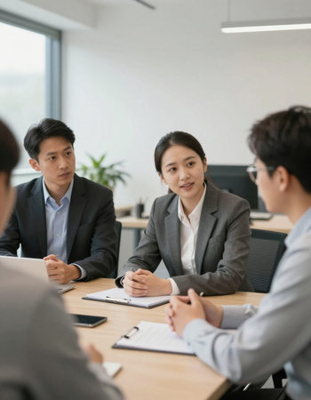 Business people sitting and discussing at table in meeting room, asian