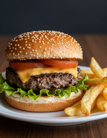 Cheese burger - American cheese burger with Golden French fries on wooden table