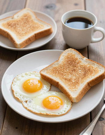 Breakfast with fried eggs in a plate and coffee on a wooden table