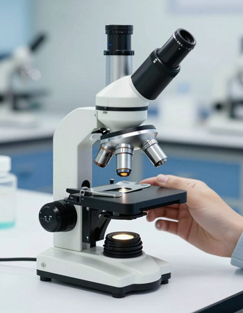 Female scientist using microscope in laboratory. Scientific research and development concept.
