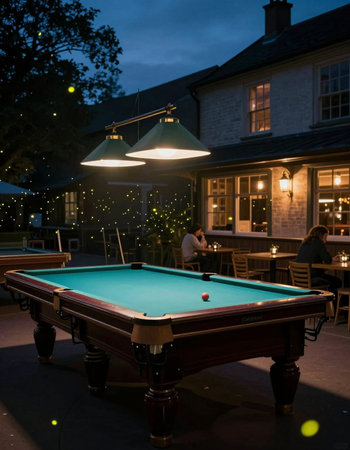 Young man playing billiards in a pub at night, UK
