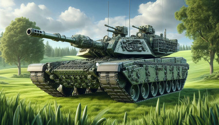3D Illustration of a battle tank in a green field.