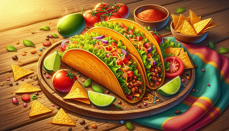 Mexican tacos with vegetables and ingredients on wooden background. 3d illustrationの写真素材