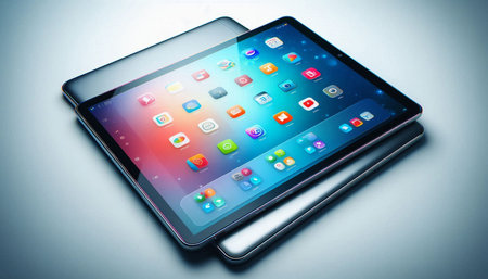 Tablet pc with colorful application icons on screen. 3D rendering