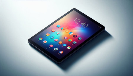 Tablet pc with colorful application icons on the screen. 3d rendering