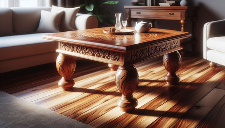 Wooden table and chairs in a living room. 3d rendering