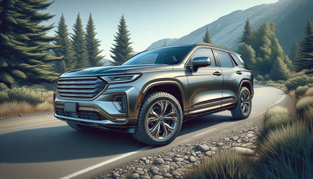 3D rendering of a brand-less generic SUV in the countryside