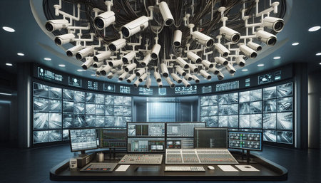 control room with CCTV cameras and surveillance screens 3d rendering image.