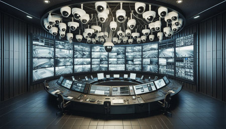3D rendering of a control room with security cameras and surveillance cameras