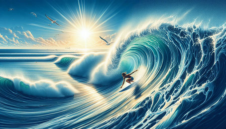 Surfer in ocean wave. 3D Rendering and illustration.