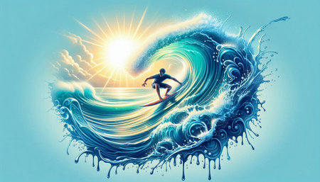 Surfer on blue ocean wave. Mixed media. 3D rendering