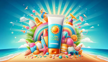 Sun protection cream on the beach with sunflare background. 3d illustration