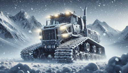 Heavy bulldozer in the snow. 3D illustration.