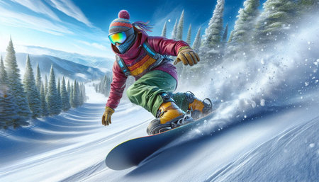 Snowboarder jumping in the mountains. Extreme winter sport. 3D illustration.の写真素材