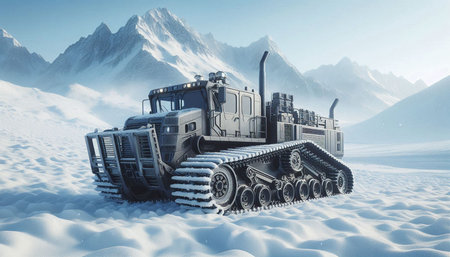 3D illustration of a heavy caterpillar tractor in the snow with mountains in the background