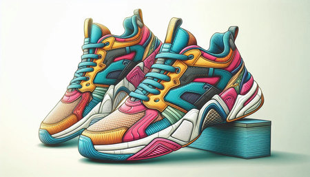 Sneakers with colorful design on white background. 3D rendering