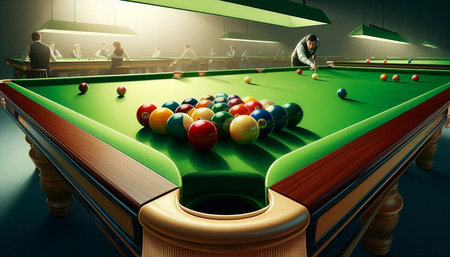 Young man playing snooker in billiard club. 3D rendering