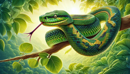 Green snake on a branch in the forest. 3d illustration.
